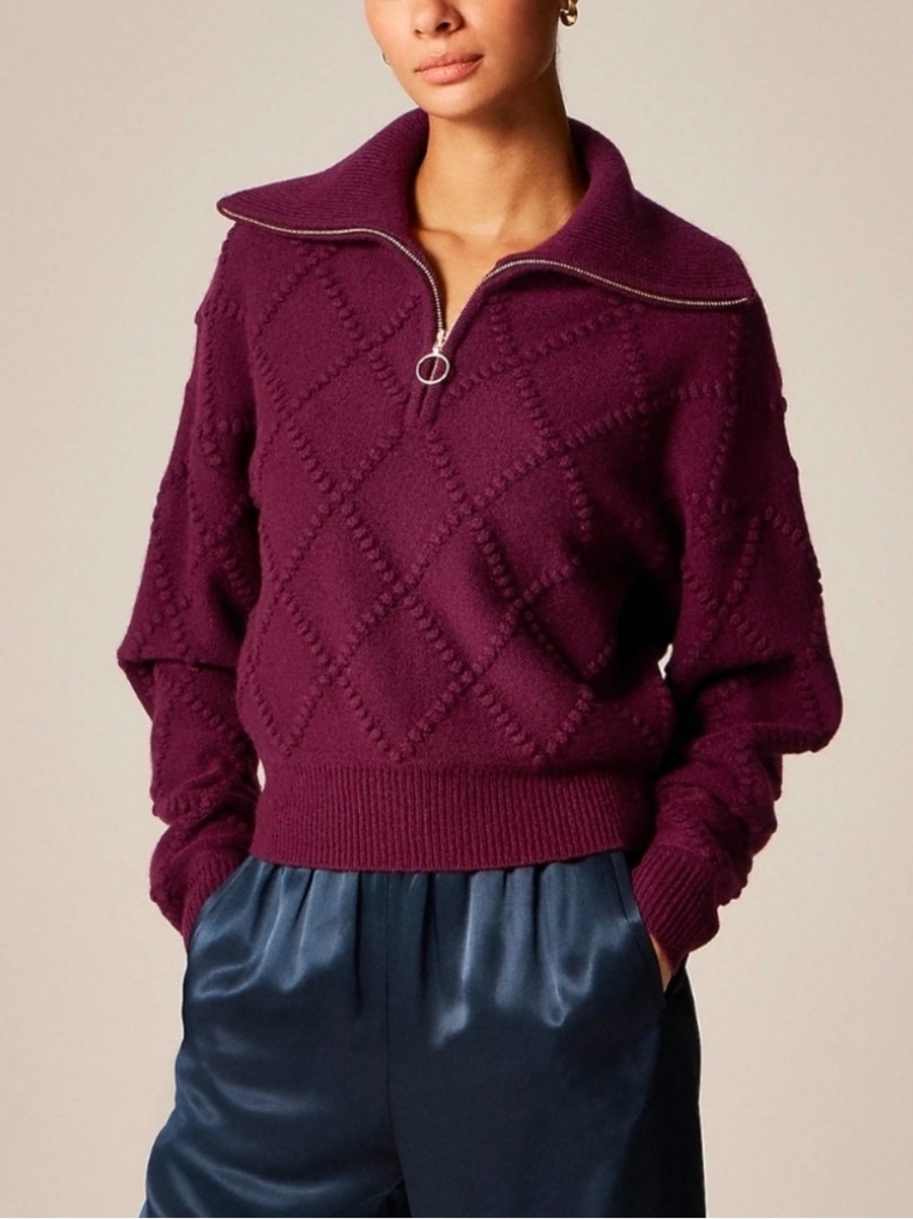 J. Crew Deep Plum Quarter-Zip Sweater with Gold Zip